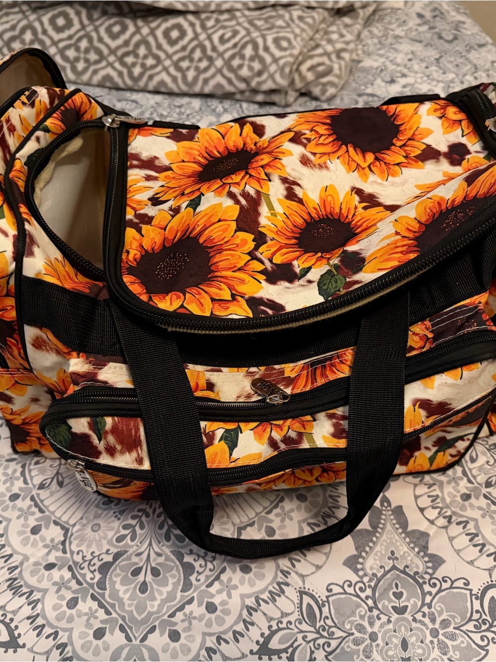 Sunflower & Cow Print Canvas Tote Bag - Yellow Floral Women’s Bag